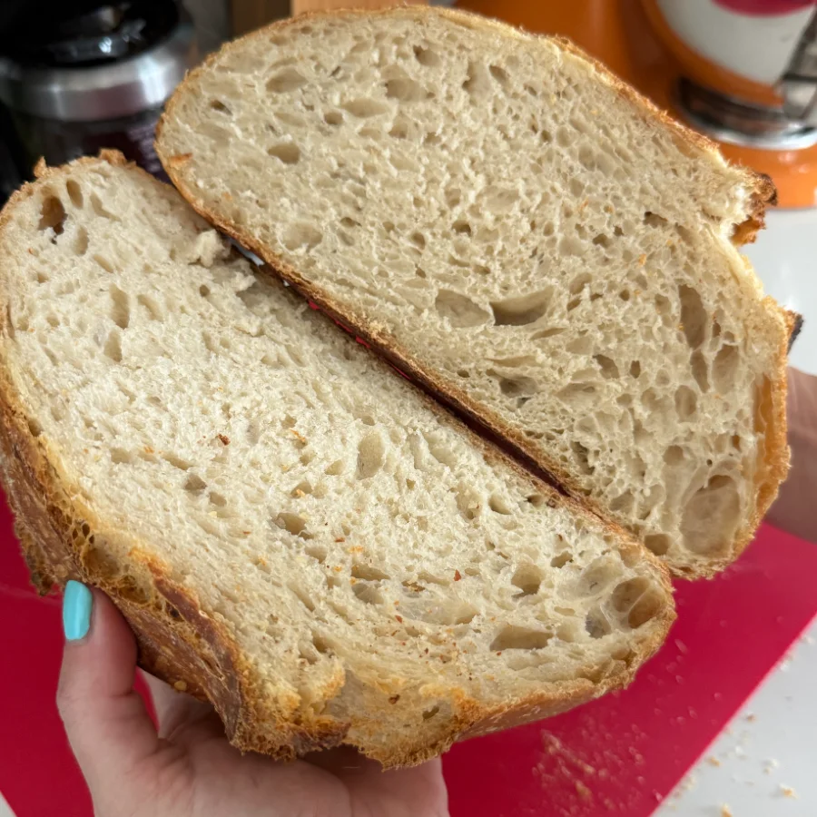 The open crumb of a freshly sliced sourdough loaf